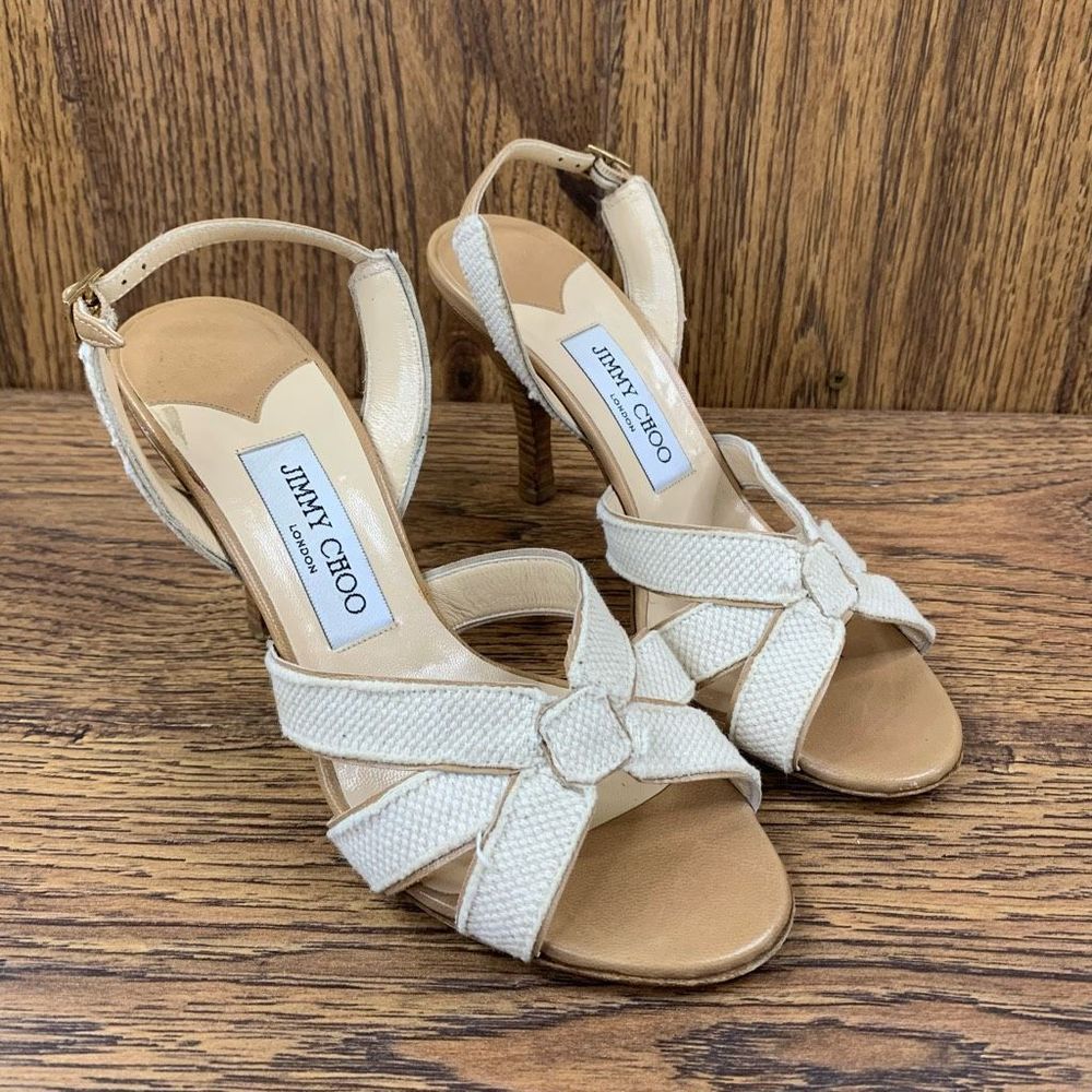 Jimmy Choo Strappy Neutral Slingback Stiletto Heels Fabric Open Toe White Tan